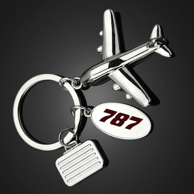 Boeing 787 Flat Text Suitcase aviation shaped key chain, durable metal alloy.