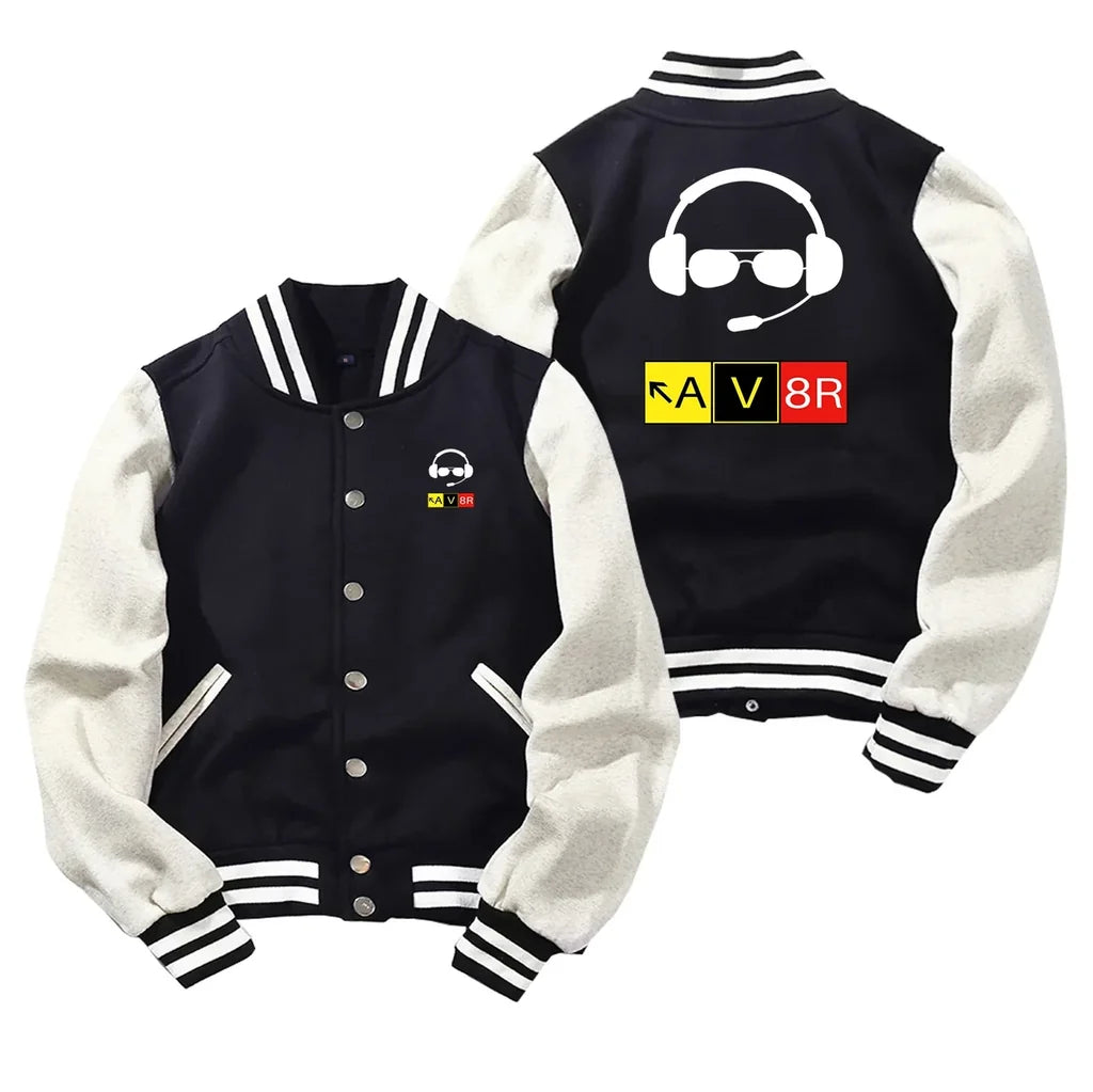 AV8R 2 Baseball Style aviation design printed on two-tone shell with ribbed cuffs baseball jacket.