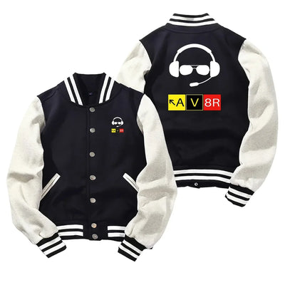 AV8R 2 Baseball Style aviation design printed on two-tone shell with ribbed cuffs baseball jacket.