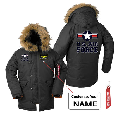 US Air Force aviation design printed on heavyweight shell with hooded warmth parka bomber.