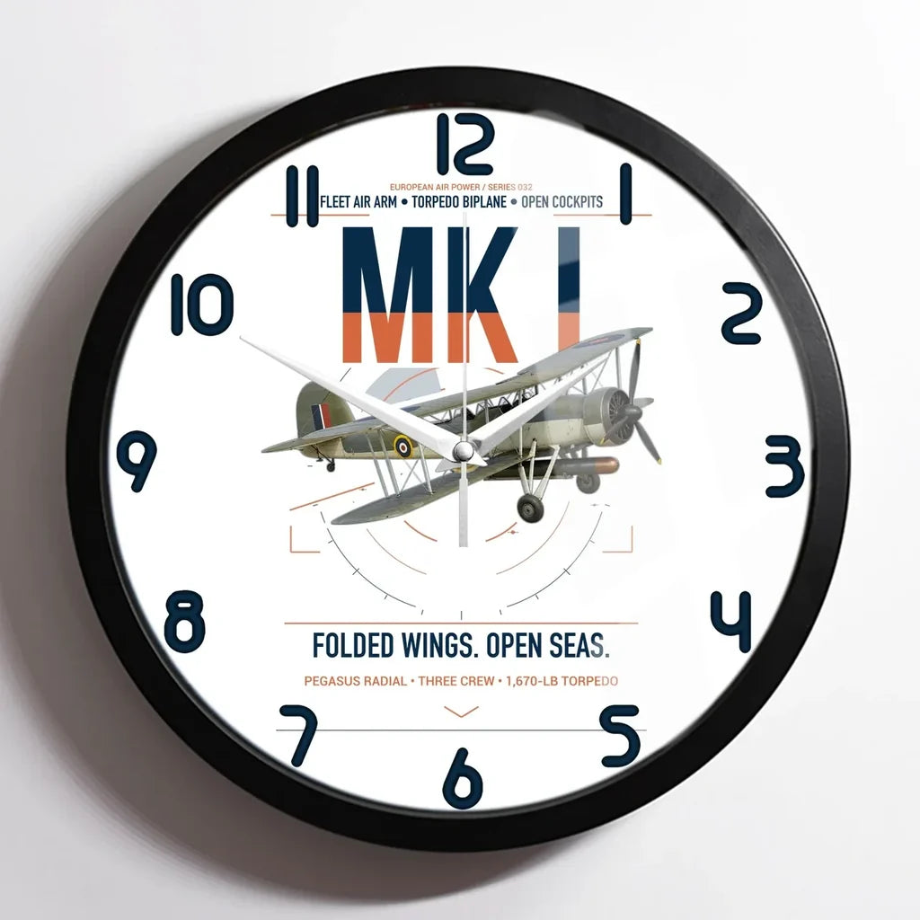 Fairey Swordfish Mk I design on white framed wall clock