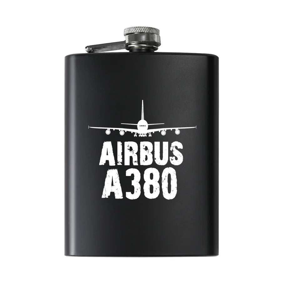 Airbus A380 & Plane aviation design on stainless hip flask, compact pocket-size flask.