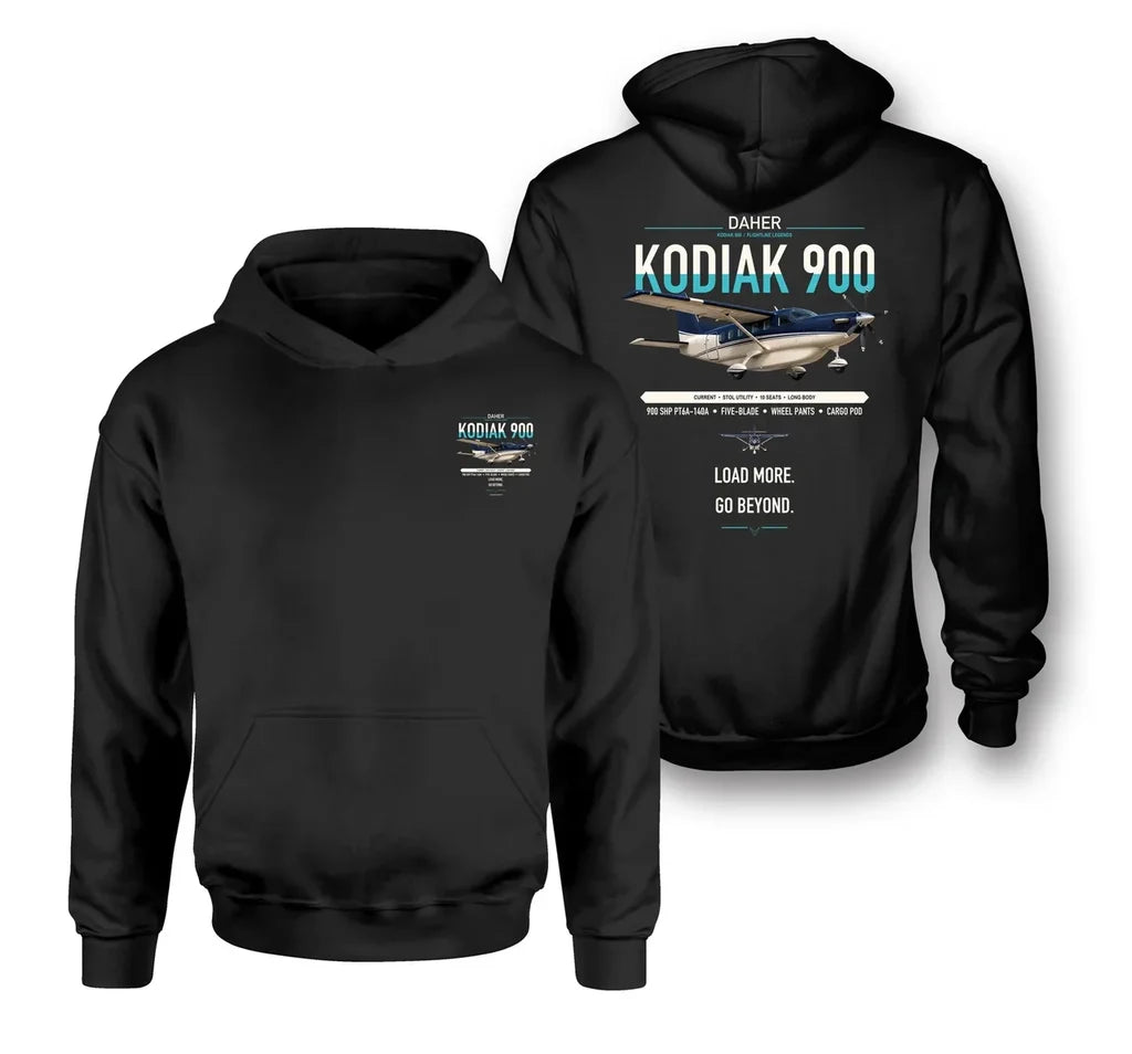 Daher Kodiak 900 design on black double-side hoodie, double-side print