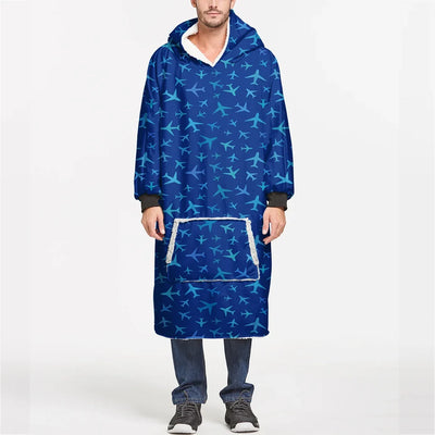 Many Airplanes Blue aviation design on soft fleece blanket hoodie.