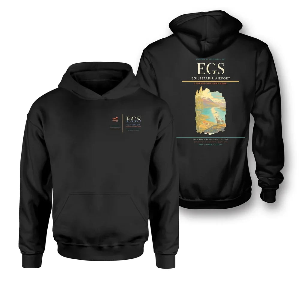 Egilsstaðir Airport (EGS) design on black double-side hoodie