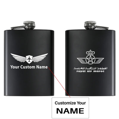 Royal Air Maroc aviation design on stainless hip flask, compact pocket-size flask.