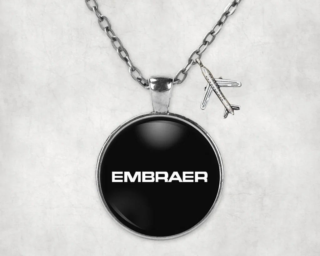 Embraer & Text aviation-themed necklace, polished stainless steel.