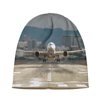 Thumbnail for Departing Boeing 787 Dreamliner aviation embroidery on soft knit fabric 3D knit beanie.