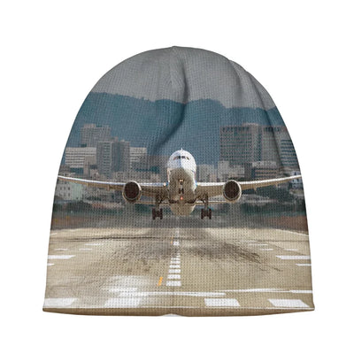 Departing Boeing 787 Dreamliner aviation embroidery on soft knit fabric 3D knit beanie.