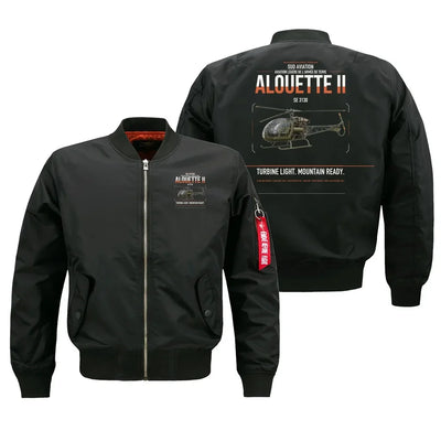 Sud Aviation SE 3130 Alouette II design on black bomber jacket, double-side print