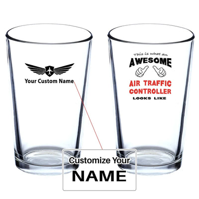 Air Traffic Controller Beer & aviation design on beer water glass, versatile drinkware.