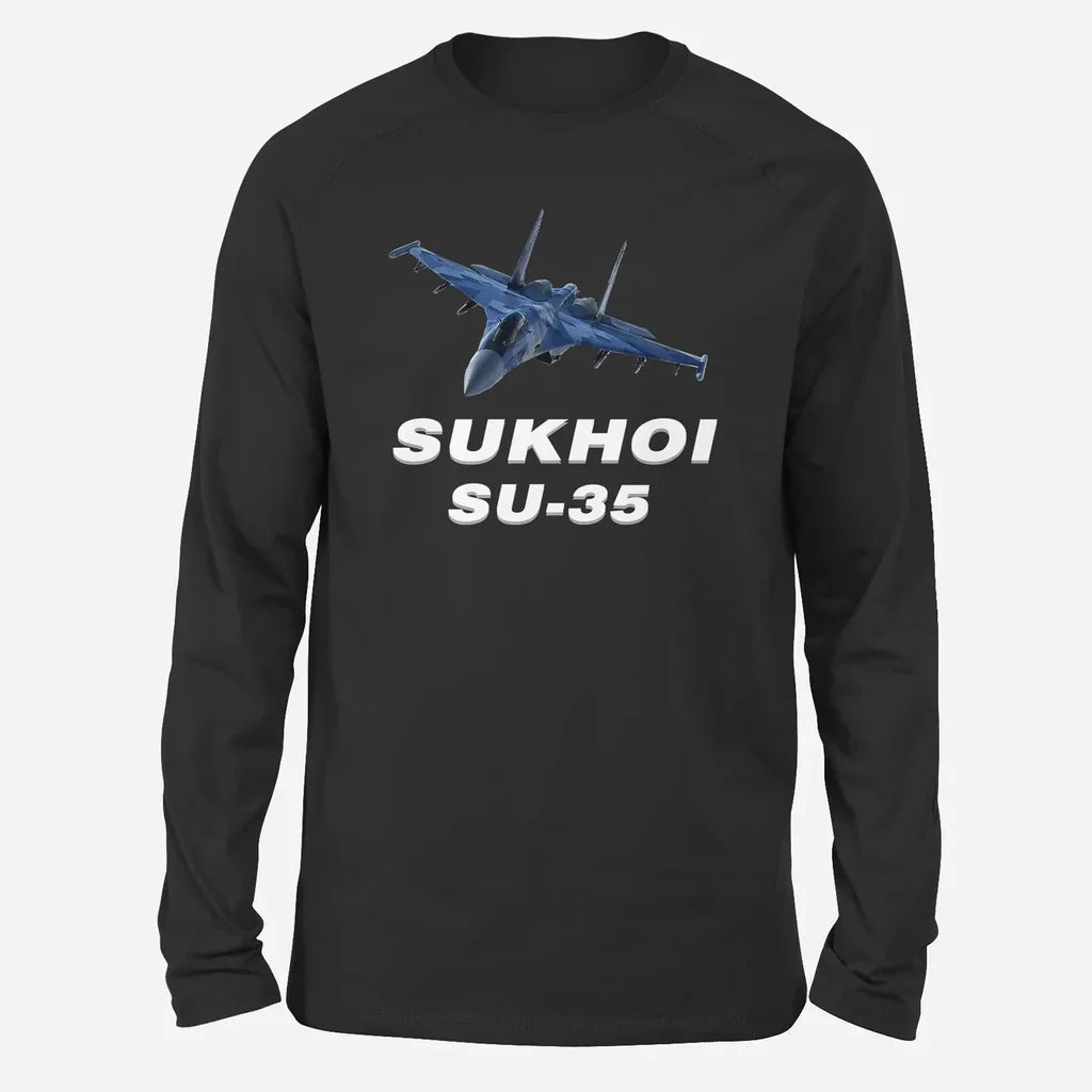 The Sukhoi SU-35 Long-Sleeve aviation design printed on soft cotton long-sleeve T-shirt.