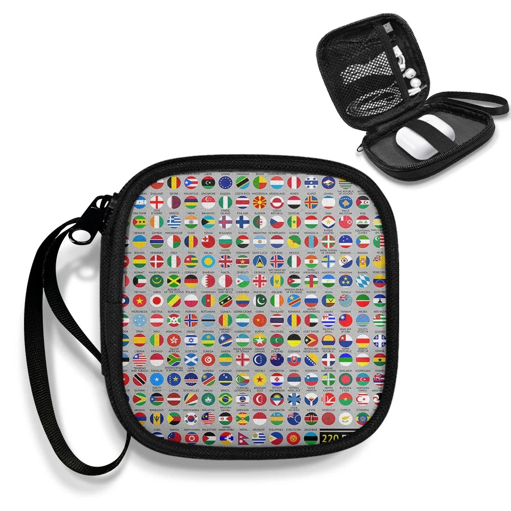 220 World's Flags Portable aviation design portable headphone bag, padded polyester construction.