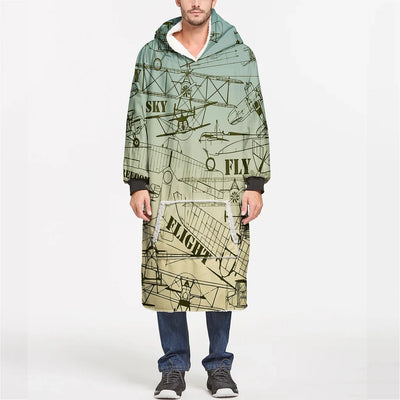 Retro Airplanes & Text aviation design on soft fleece blanket hoodie.