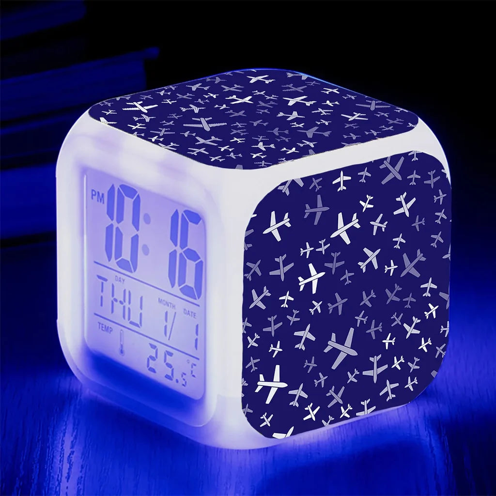 Different Sizes Seamless Airplanes "7 Colour" Digital Alarm aviation themed table clock, premium wood and metal.