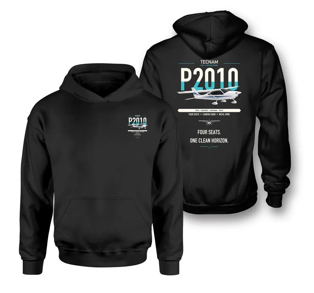 Tecnam P2010 design on black double-side hoodie, double-side print