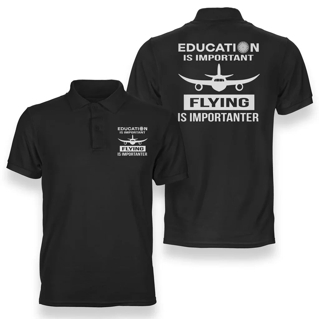 Flying is Importanter aviation design printed on soft cotton double-side polo.