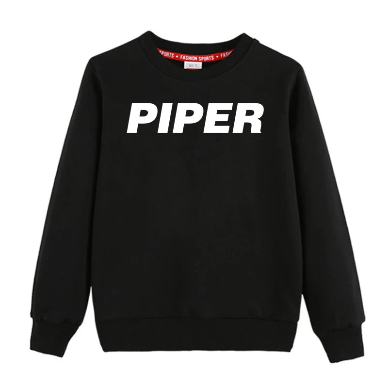 Piper & Text "CHILDREN" aviation design printed on soft cotton blend kids' sweatshirt.