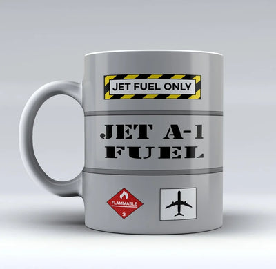 Jet Fuel Only aviation design on ceramic mug, premium ceramic with glazed finish.