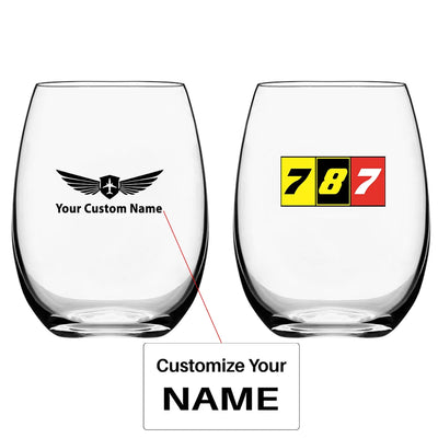 Flat Colourful 787 Water & Drink aviation design on water glass, crystal-clear premium glassware.