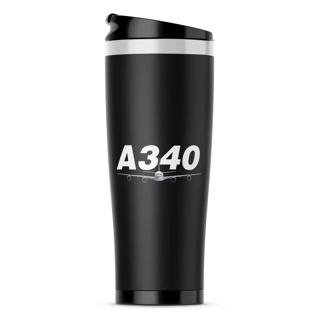 Super Airbus A340 aviation design on stainless travel mug, vacuum-insulated double-wall stainless.