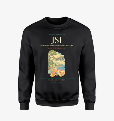 Skiathos Island National Airport (JSI) design on black sweatshirt