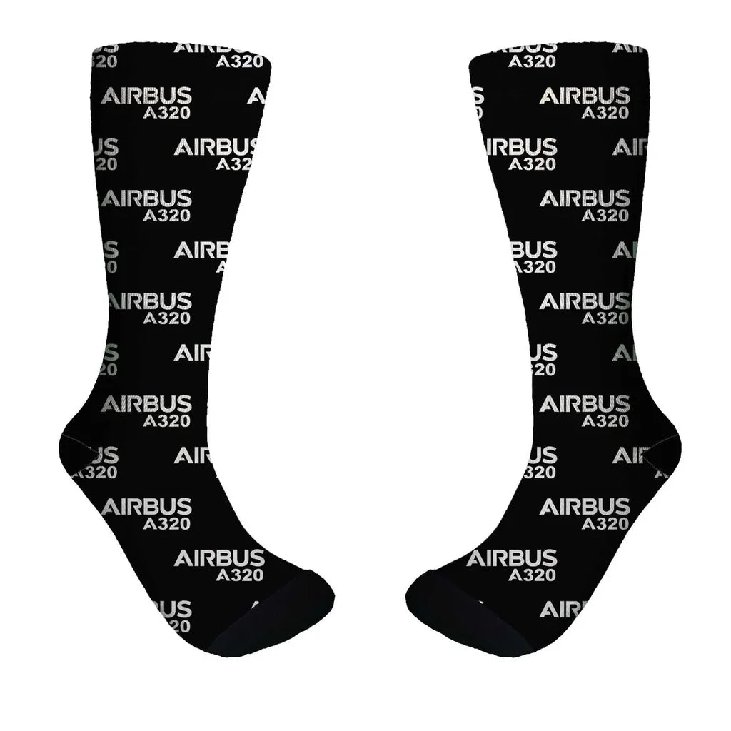 Airbus A320 & Text aviation design on soft cotton blend socks.