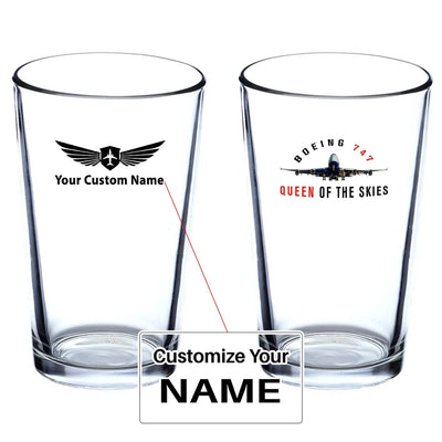 Boeing 747 Queen of the Skies Beer & aviation design on beer water glass, versatile drinkware.