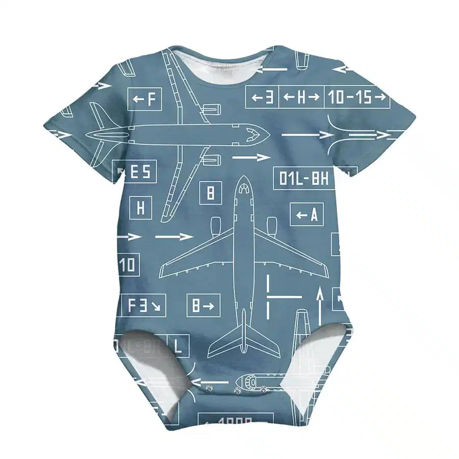 Jet Planes & Airport Signs aviation design on gentle cotton 3D-printed baby bodysuit.