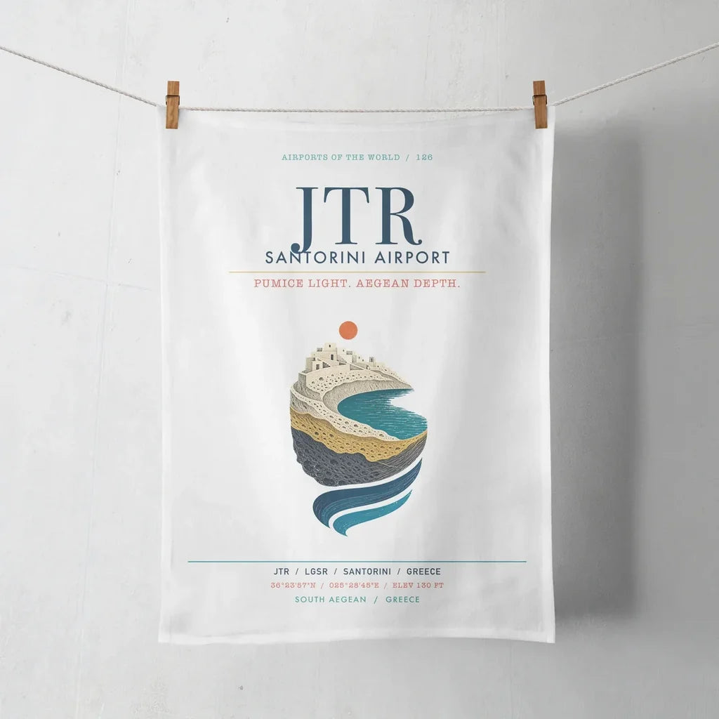 Santorini Airport (JTR) design on white towel