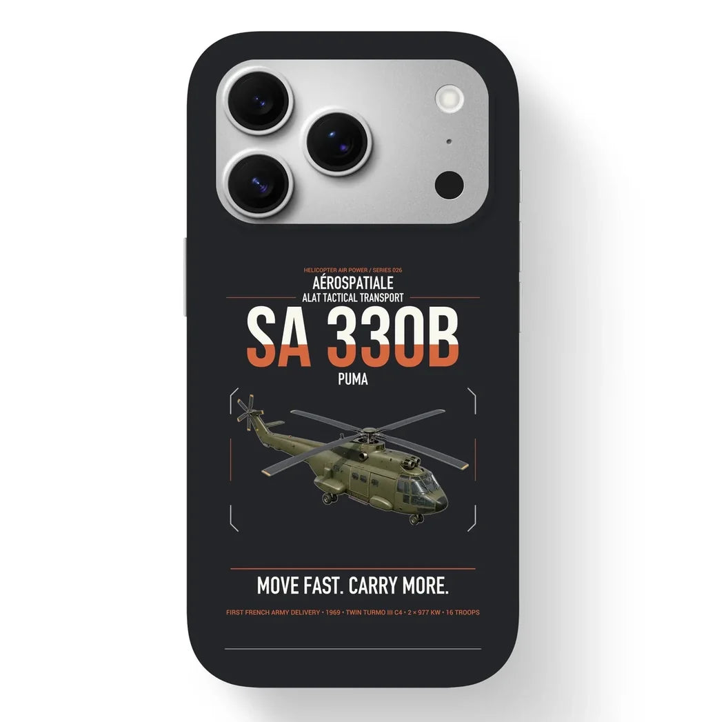 Aérospatiale SA 330B Puma design on black magsafe iphone case, for iPhone 17 Pro