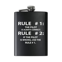 Thumbnail for Rule 1 - Pilot is Always Correct aviation design on stainless hip flask, compact pocket-size flask.