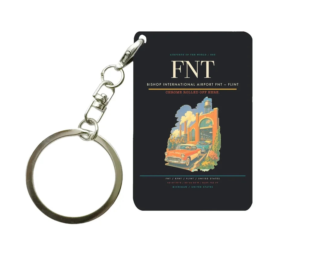 Bishop International Airport (FNT) design on black key chain
