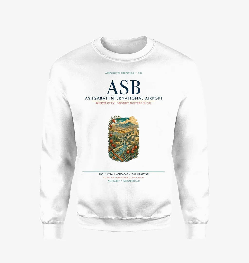 Ashgabat International Airport (ASB) design on white sweatshirt