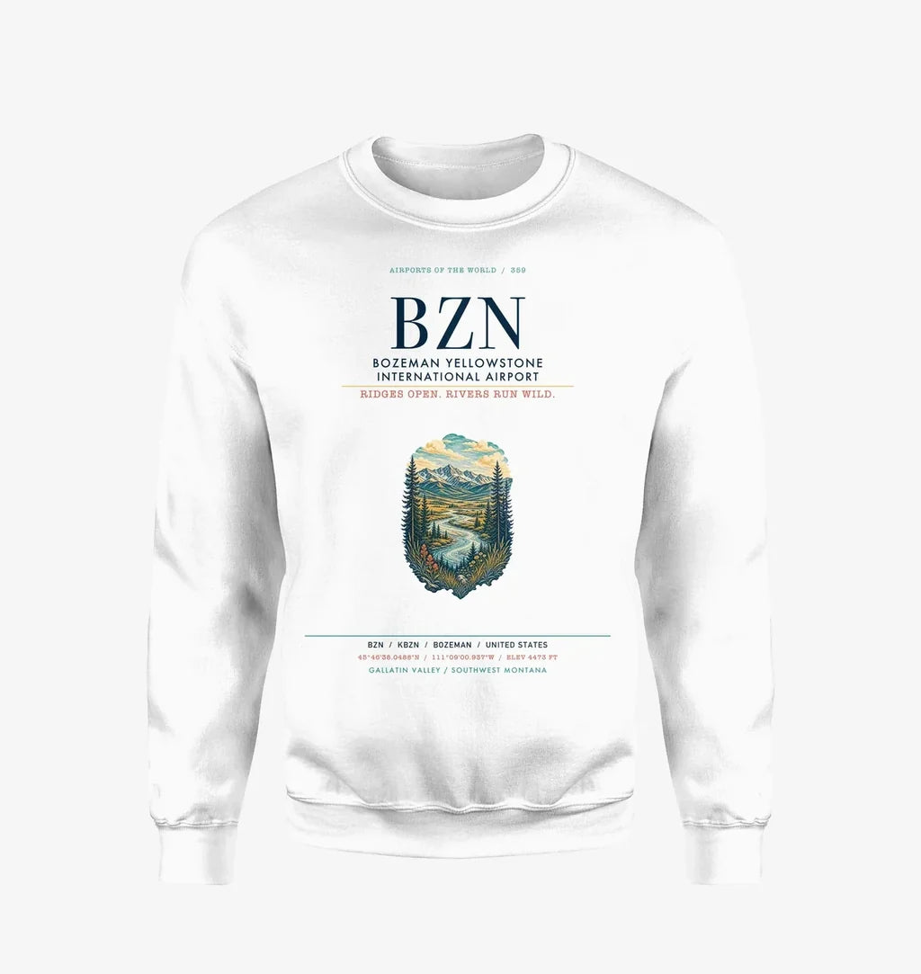 Bozeman Yellowstone International Airport (BZN) design on white sweatshirt