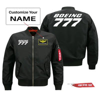 Thumbnail for Boeing 777 Text Pilot Jackets (Customizable) aviation design printed on comfortable shell with classic fit designed jacket.