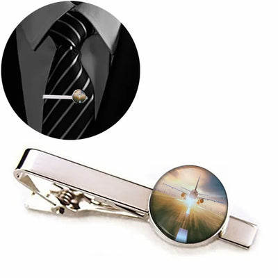 Side view of Airplane Flying Over Runway aviation tie clip in stainless steel, polished finish.