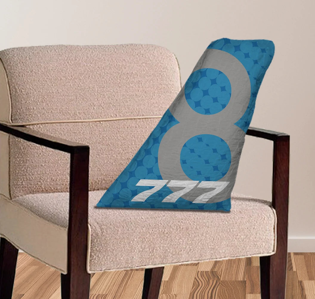 Boeing 777-8 aviation design on soft polyester filling aircraft tail pillow.