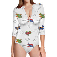 Thumbnail for Colorful Cartoon Planes aviation design on stretch swim fabric deep-V swim bodysuit.