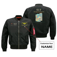 Thumbnail for Lamezia Terme International Airport (SUF) design on black bomber jacket with custom name patch