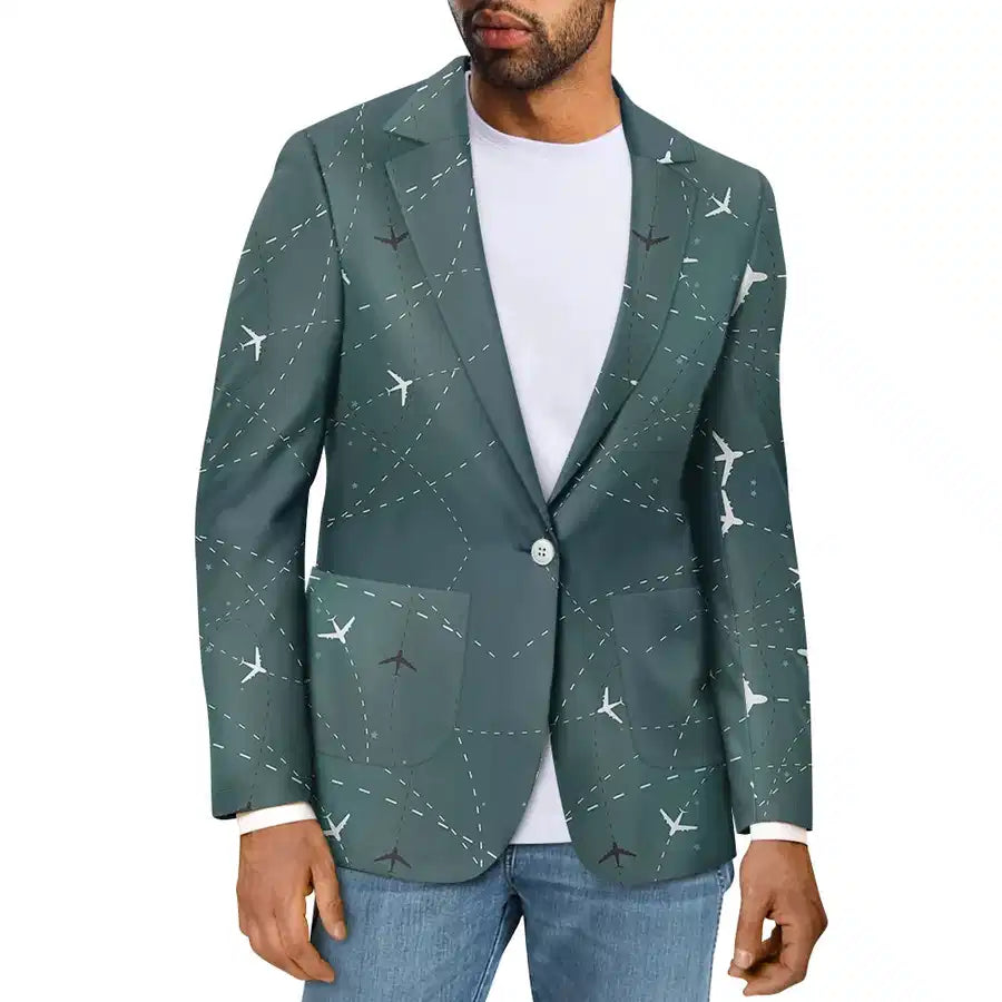 Travelling with Aircraft (Green) aviation design on premium cotton blend men's casual blazer suit.