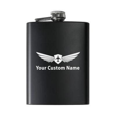 Custom Name (Badge 2) aviation design on stainless hip flask, compact pocket-size flask.