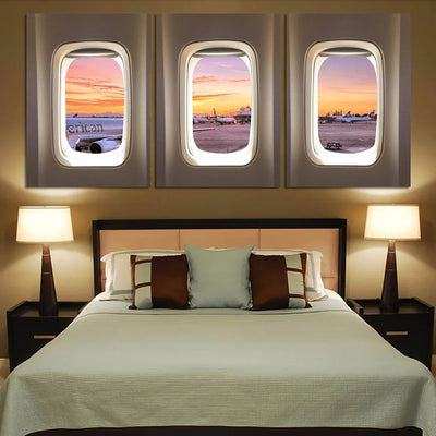 Airport View Through Passanger Windows Printed Canvas Posters (3 Pieces) aviation art 3-piece canvas print in premium canvas.