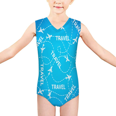 Travel & Planes aviation print on kids quick-dry fabric swimsuit.