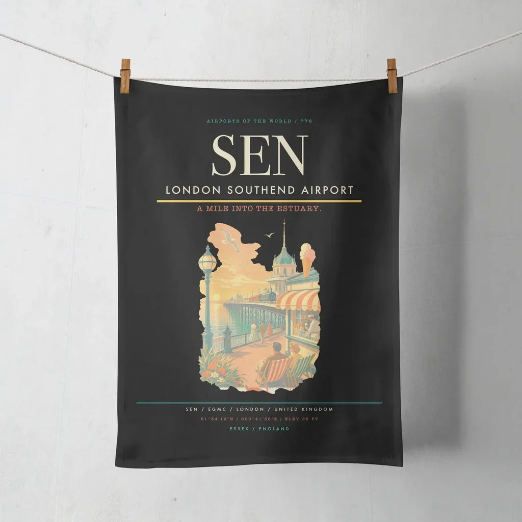 London Southend Airport (SEN) design on black towel