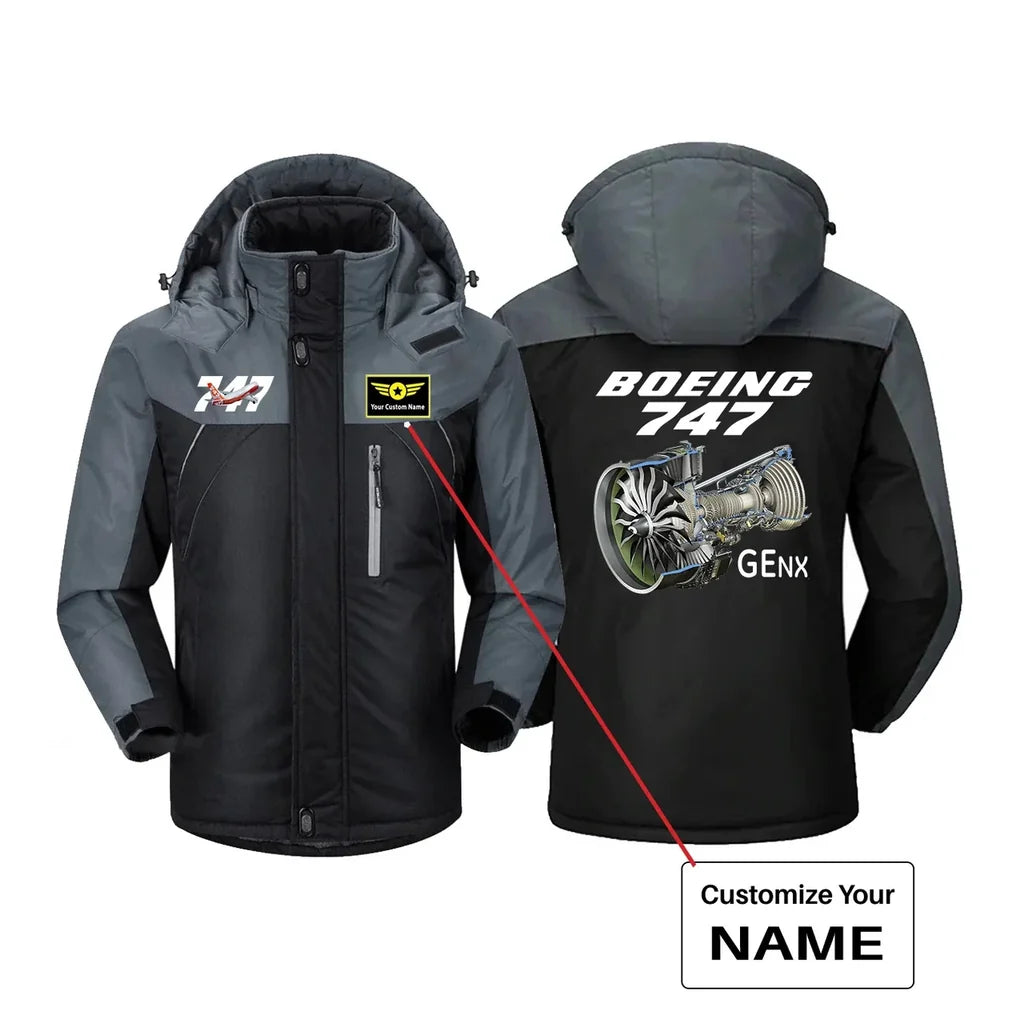 Boeing 747 & GENX Engine aviation design printed on heavyweight insulated shell thick winter jacket.