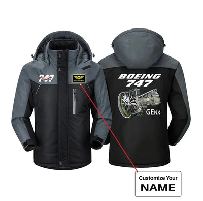 Boeing 747 & GENX Engine aviation design printed on heavyweight insulated shell thick winter jacket.
