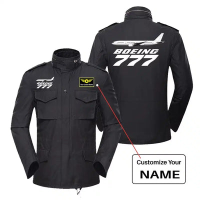 The Boeing 777 aviation design printed on heavy cotton coat with field details military coat.
