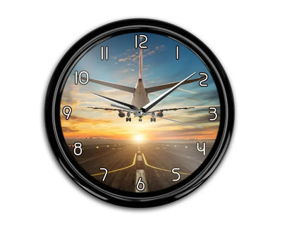 Airplane over Runway Towards the Sunrise aviation themed wall clock, premium wood and metal.