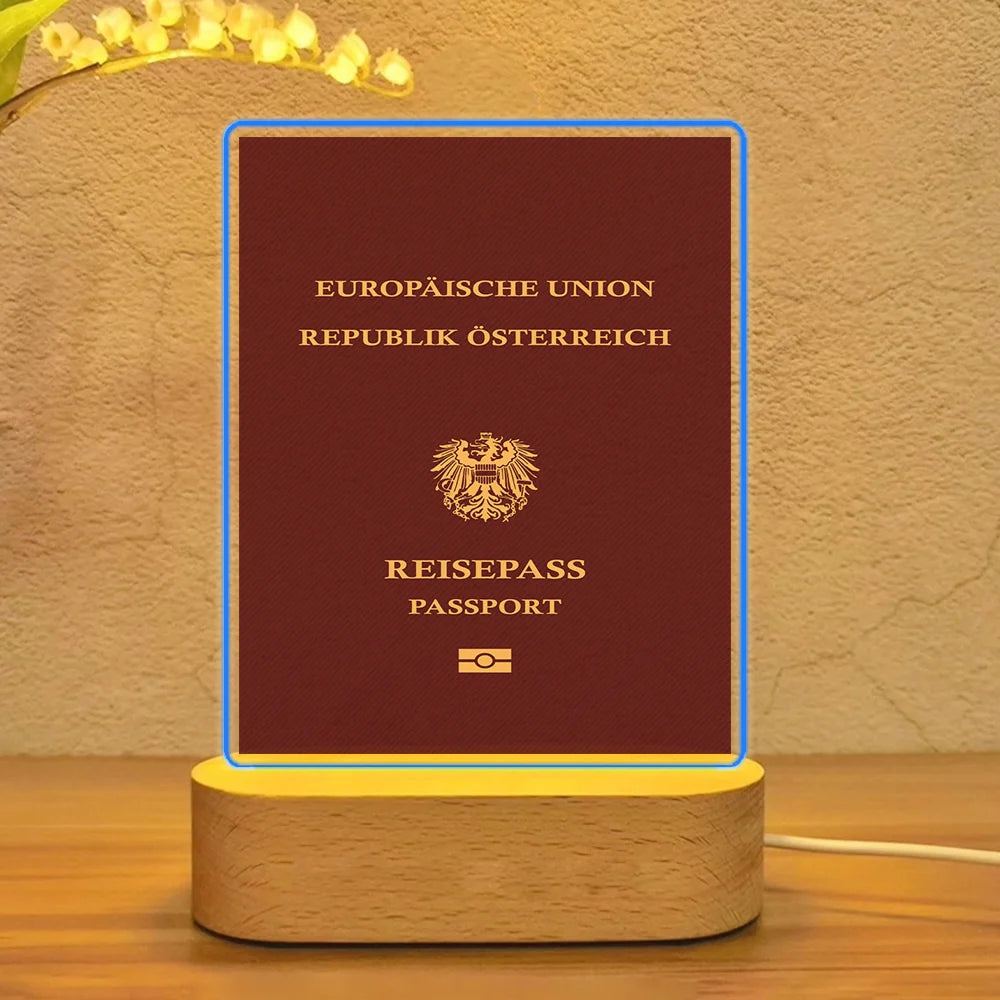 Austrian Passport aviation themed night lamp, premium acrylic with LED.